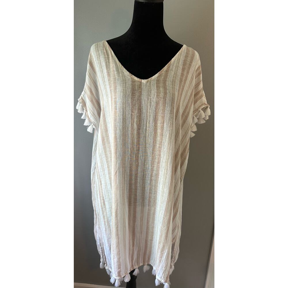 C&C California Swim Coverup XL Beige Tasseled Boho Dress Beach V-Neck Linen